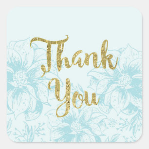 Aqua Blue Flower and Gold Glitter Thank You Square Sticker