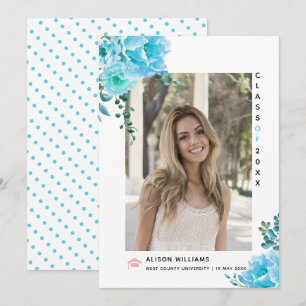 Aqua blue flowers Class of 2025 graduation photo Announcement