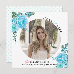 Aqua blue flowers Class of 2025bgraduation photo Announcement