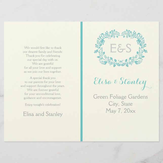 Aqua blue foliage frame folded wedding program (Front)