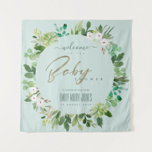 AQUA BLUE FOLIAGE WATERCOLOR BABY SHOWER WELCOME TAPESTRY