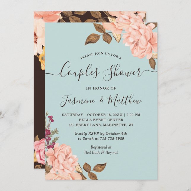 Aqua Blue ft. Blush Floral Wedding Couples Shower Invitation (Front/Back)