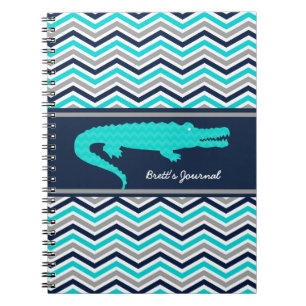 Aqua Blue Gator on Chevron Personalised Notebook