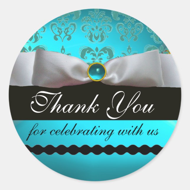 AQUA BLUE GEMSTONE ,WHITE DAMASK RIBBON Thank You Classic Round Sticker (Front)