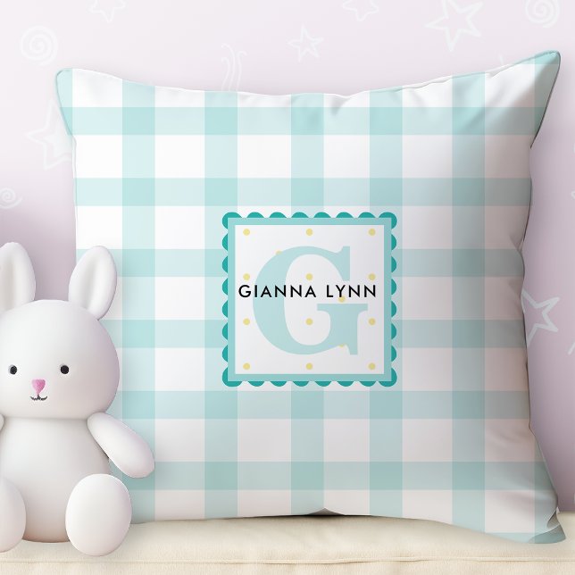 Aqua Blue Gingham Customisable Monogram Cushion (Creator Uploaded)