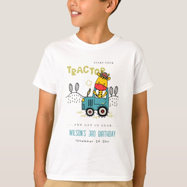 Aqua Blue Giraffe In Farm Tractor Boys Birthday T-Shirt (Front)