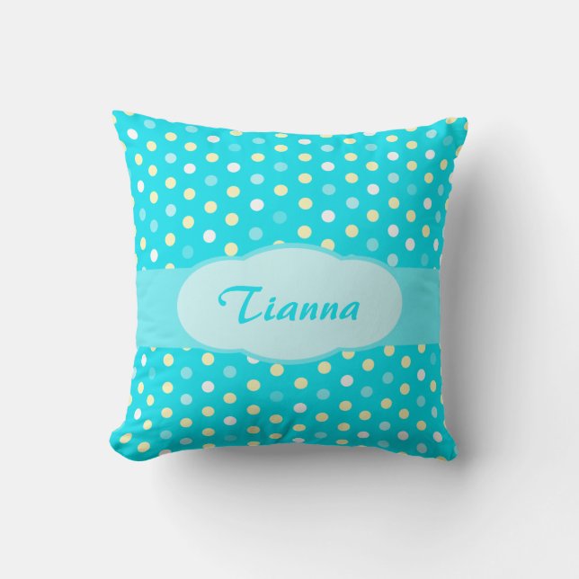 Aqua blue girls name polka dot pillow (Front)