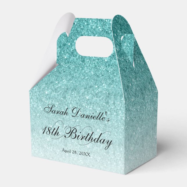 Aqua Blue Glam Glitter Personalised Favour Box (Front Side)