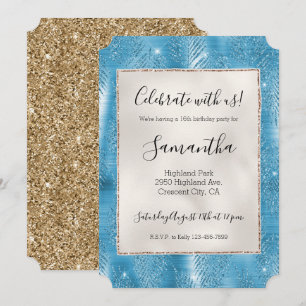 Aqua Blue Glam Glitter Tropical Leaves Invitation
