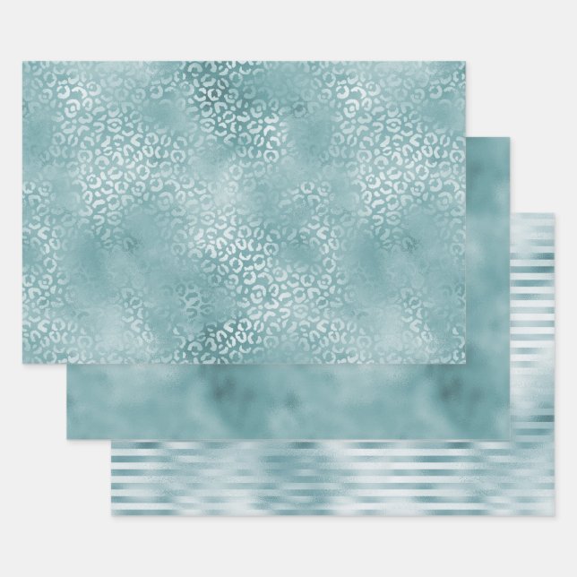 Aqua Blue Glam Leopard Print Wrapping Paper Sheet (Set)