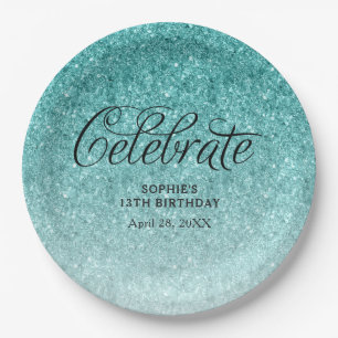 Aqua Blue Glitter Celebrate Personalized Paper Plate