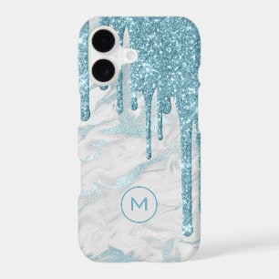 Aqua Blue Glitter Drips Monogrammed