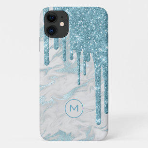 Aqua Blue Glitter Drips Monogrammed Case-Mate iPhone Case
