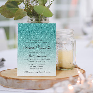 Aqua Blue Glitter Glam Bat Mitzvah Invitation