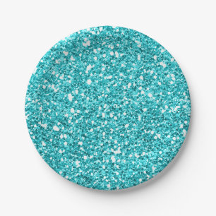 Aqua Blue Glitter Glam Custom Party Paper Plate
