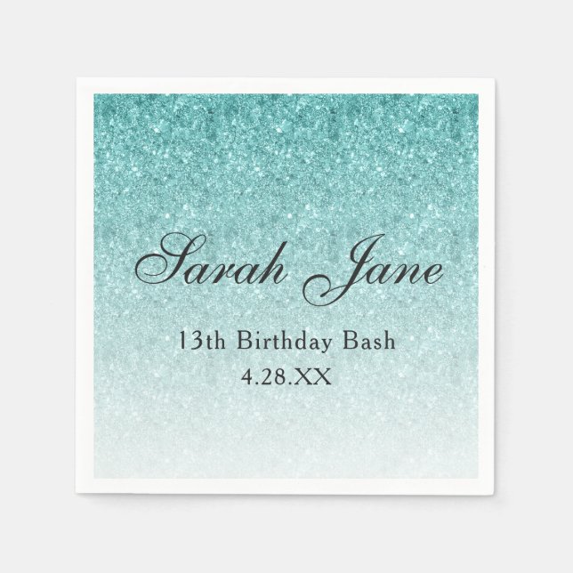 Aqua Blue Glitter Glam Personalised Napkin (Front)