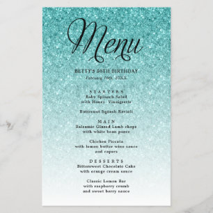Aqua Blue Glitter Script Heading Party Menu