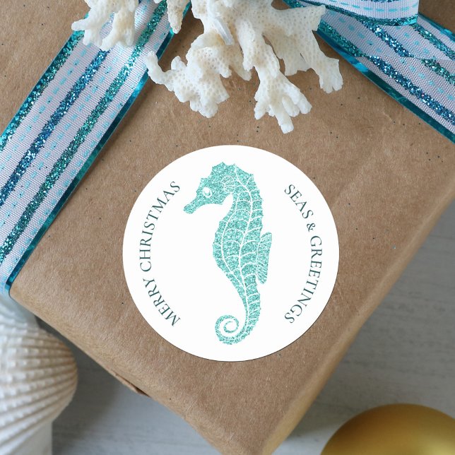 Aqua Blue Glitter Seahorse Coastal Christmas Classic Round Sticker (Creator Uploaded)