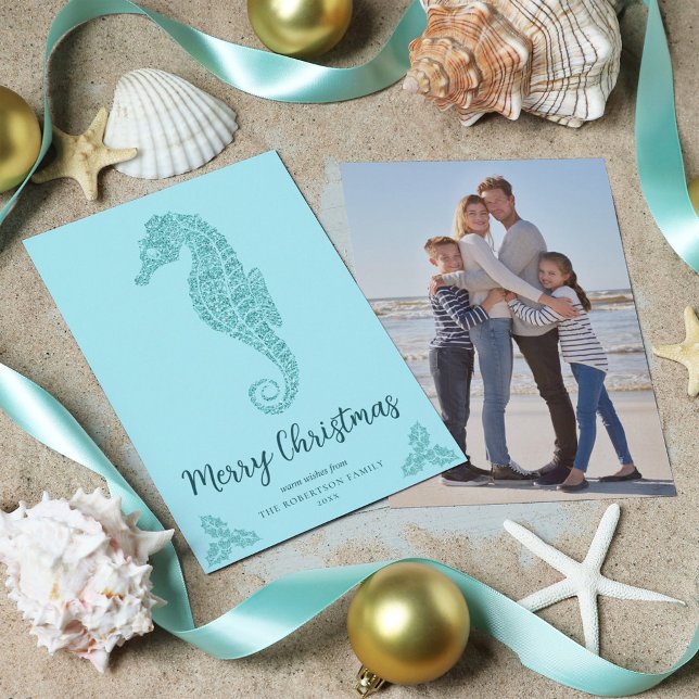 Aqua Blue Glitter Seahorse Coastal Christmas Photo Holiday Card (Creator Uploaded)