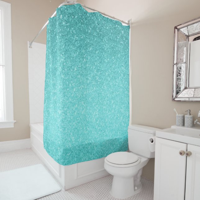 Aqua Blue Glitter Sparkle Girly Glam Mermaid Shower Curtain (In Situ)
