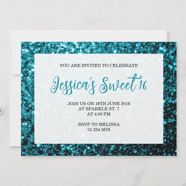 Aqua blue glitter sparkles Sweet 16 elegant script Invitation (Front)