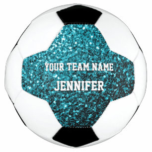 Aqua blue glitter sparkles Your name Team Soccer Ball
