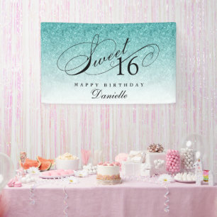 Aqua Blue Glitter Sweet 16 Personalised Birthday  Banner