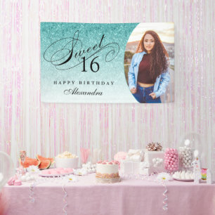 Aqua Blue Glitter Sweet 16 Personalised Photo Banner