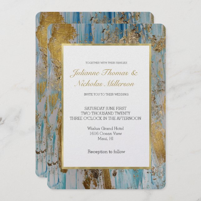 Aqua Blue Gold Abstract Wedding Invitation (Front/Back)