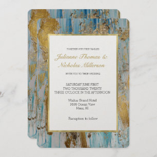 Aqua Blue Gold Abstract Wedding Invitation