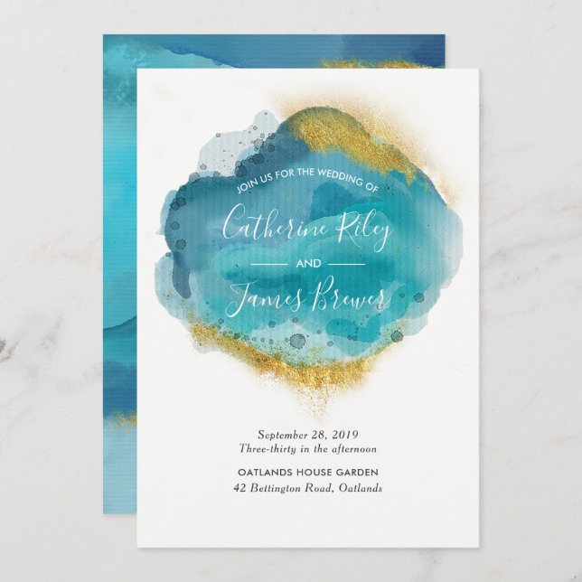 Aqua Blue & Gold beach Wedding invitation (Front/Back)