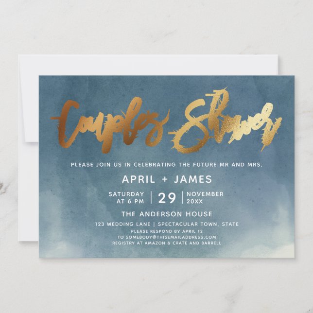 Aqua Blue Gold Brush Typography Couples Shower  Invitation (Front)