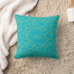 Aqua Blue Gold Chic Crackle Pattern Cushion