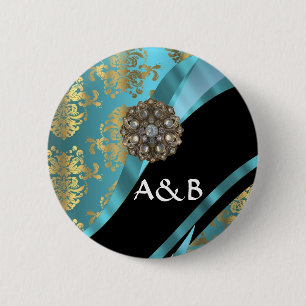 Aqua blue & gold damask faux crystal 6 cm round badge