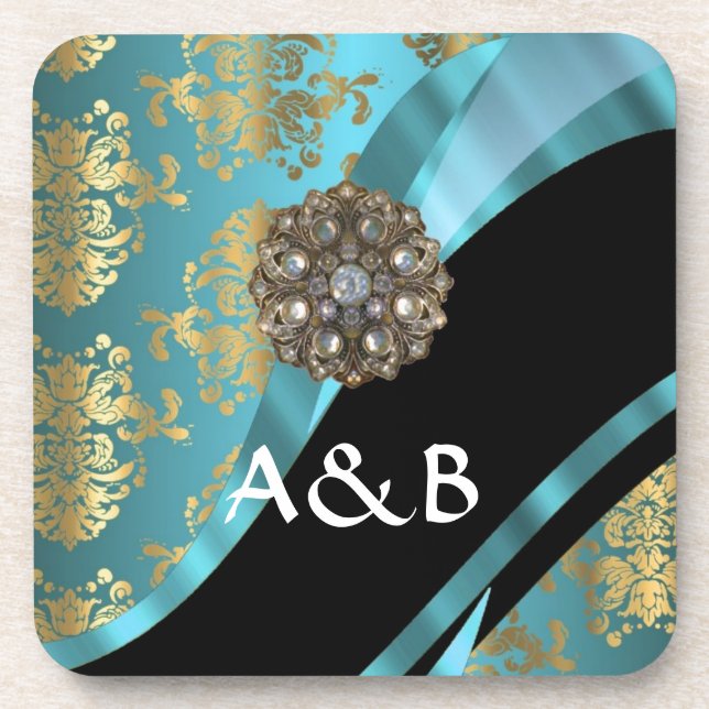 Aqua blue & gold damask faux crystal coaster (Front)