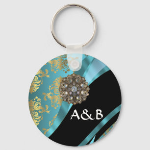 Aqua blue & gold damask faux crystal key ring