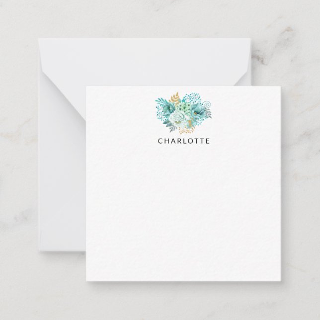 Aqua Blue Gold Floral Personalised Note Card (Front)