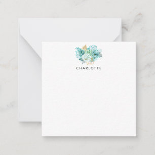Aqua Blue Gold Floral Personalised Note Card