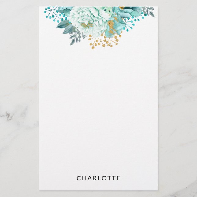  Aqua Blue Gold Floral Personalised Stationery (Front)