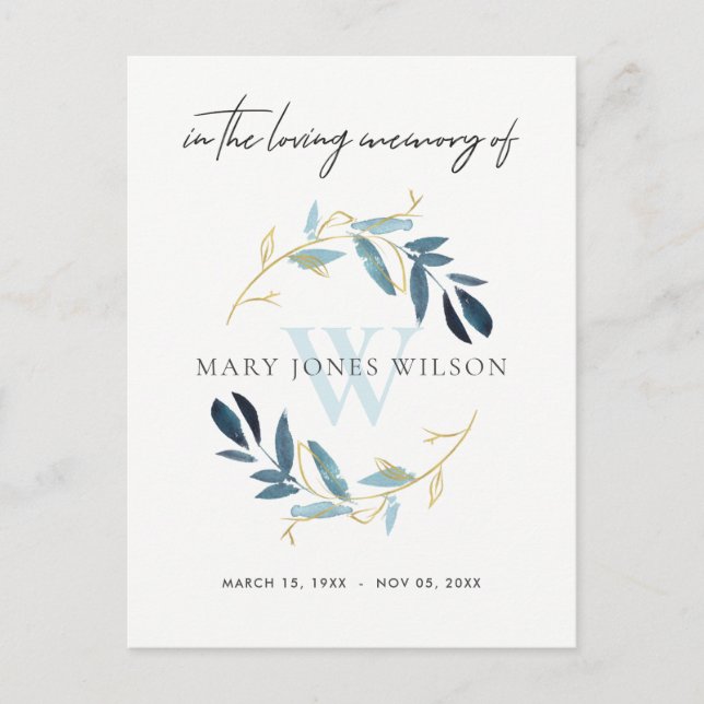 AQUA BLUE GOLD FOLIAGE WREATH MEMORIAL THANK YOU INVITATION POSTCARD (Front)
