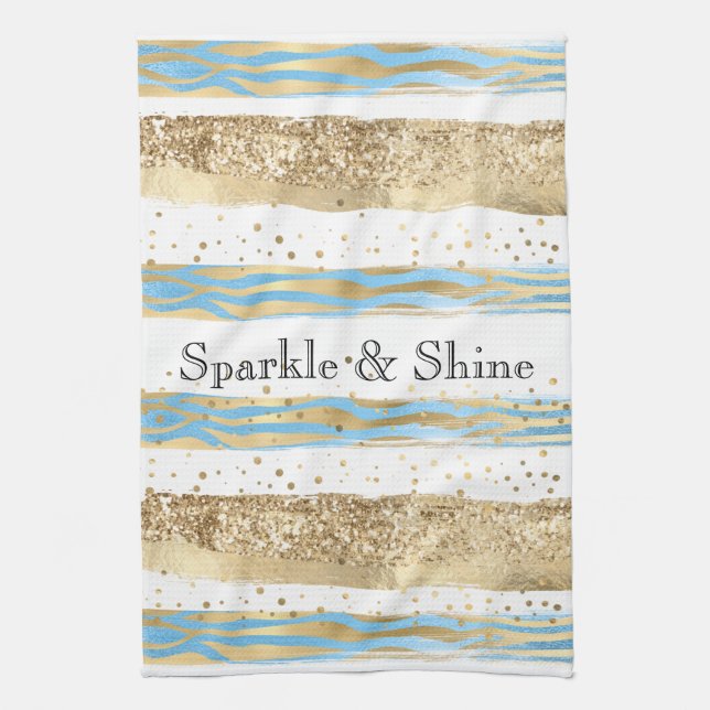 Aqua Blue Gold Glitter Confetti Zebra Animal  Tea Towel (Vertical)
