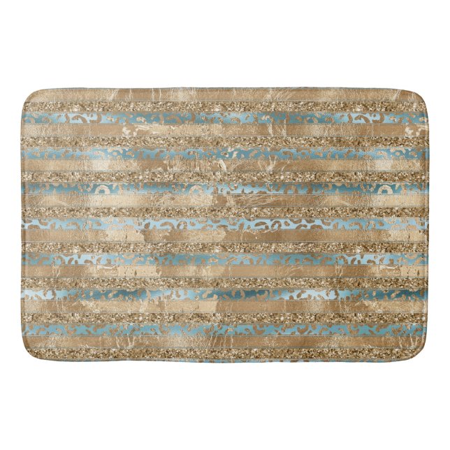 Aqua Blue Gold Glitter Leopard Print Stripes Bath Mat (Front)