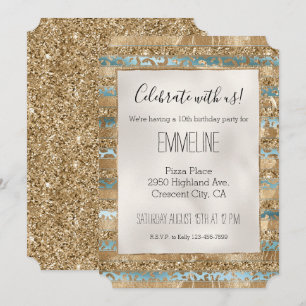 Aqua Blue Gold Glitter Leopard Print Stripes Invitation
