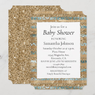 Aqua Blue Gold Glitter Leopard Print Stripes Invitation