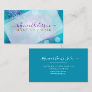 Aqua Blue Gold Glitter Makeup Artist Hair Salon Business Card