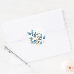 Aqua Blue Gold Leaves Square Sticker
