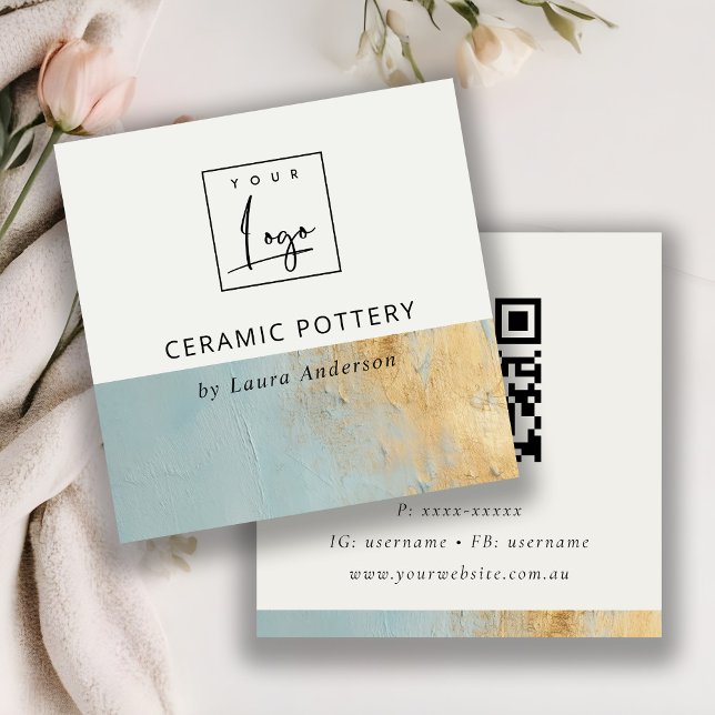 Aqua Blue Gold Oil Paint Texture Logo QR Code Square Business Card (Creator Uploaded)