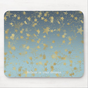 Aqua Blue Gold Ombre Stars Believe in your Dreams Mouse Pad