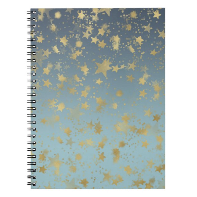 Aqua Blue Gold Ombre Stars Notebook (Front)