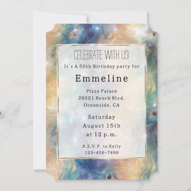 Aqua Blue Gold Peacock Feathers 50th Birthday Invitation (Front)